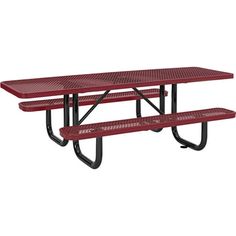 a red picnic table with two benches underneath it