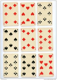 six playing cards with hearts and spades on each card, all in different colors