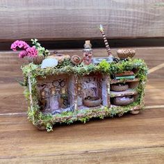 a miniature shelf with plants and jars on it