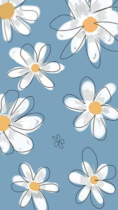 white flowers with yellow centers on a blue background