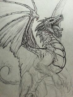 a drawing of a dragon with its wings spread out