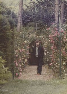 a man walking down a path in the middle of some bushes and flowers on either side of him