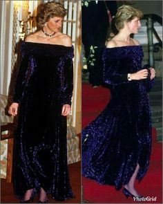 two pictures of the same woman in blue dresses, one is wearing an off shoulder dress