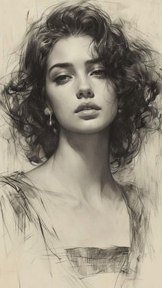 a black and white drawing of a woman's face with curly hair on her head