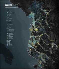 a map of water and land in the middle of the ocean with lights on it