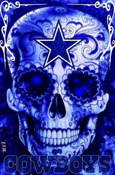 a blue skull with a star on it's forehead and the words cowboys written in white