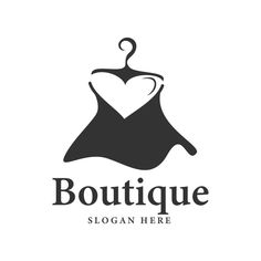 the logo for boutique with a dress hanging on it's hanger, which is black and white