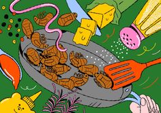 a drawing of food being cooked on a grill with utensils and other items