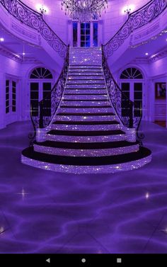 a purple room with stairs and chandelier