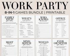 the printable work party game bundle includes 8 games