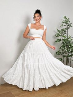 White Casual Collar  Woven Fabric Plain Layered/Tiered Embellished Non-Stretch  Women Plus Clothing Long Skirt Outfits Plus Size Casual, White Dress For Plus Size Women, Long Layered Skirt, Skirt Outfit Casual, White Skirt Outfits, White Long Skirt, Long Skirt Outfits, School Clothes, Prayer Board