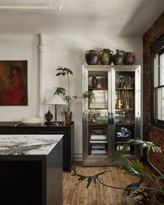 a kitchen area with an island, bookshelf and potted plants