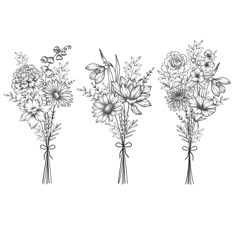 three bouquets of flowers are drawn in black and white, each with a ribbon