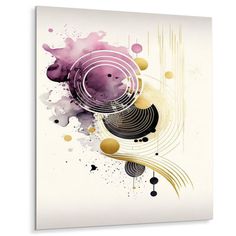 an abstract painting on canvas with circles and dots in purple, yellow and white colors