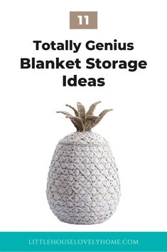 a white pineapple with text overlay that reads 11 totally genius blanket storage ideas