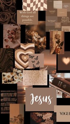 a collage of images with the words jesus and flowers on them, including roses