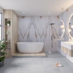 a white bath tub sitting inside of a bathroom next to a sink and mirror on the wall