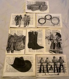 six old book pages with cowboy hats and other items on them, all in black and white