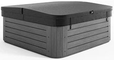 an outdoor storage box is shown in black and grey colors, with the lid closed