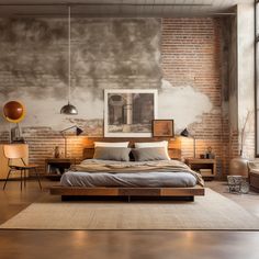 a bedroom with brick walls and flooring has a large bed in the middle, along with two lamps on either side of the bed