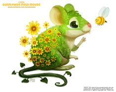 a green mouse with yellow flowers and a bee