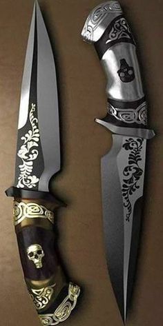 two different types of knifes with gold and black designs on them, one has a skull