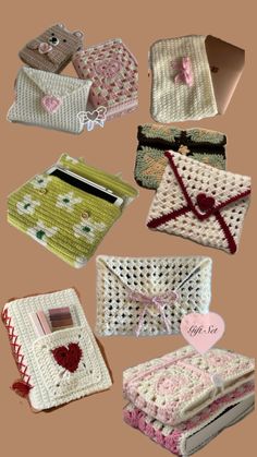 several crocheted purses with hearts on them