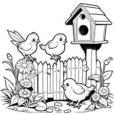 two birds in front of a bird house