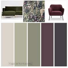 a living room with green furniture and wallpapers in shades of grey, brown, and