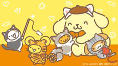 a group of cartoon cats and kittens on a yellow background