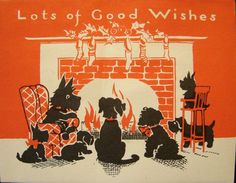 an orange book cover with black dogs and cats sitting in front of a fire place