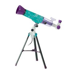 a purple and green telescope sitting on top of a tripod