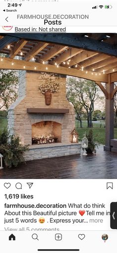 the instagram page for instagram com shows an outdoor fireplace and patio with string lights