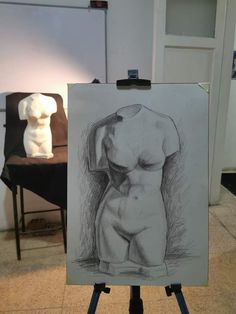 a drawing of a nude woman sitting on top of a easel