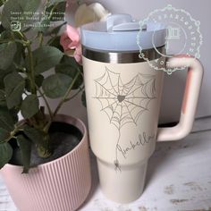 a cup with a spider web on it next to a potted plant