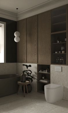 a bathroom with a toilet, sink and bathtub next to a shelf filled with plants