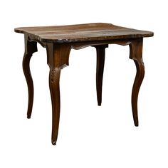 an old wooden table with two legs and a small square top on the bottom, against a white background