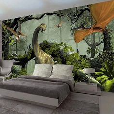 an image of a bedroom scene with dinosaurs in the forest wallpaper mural set up