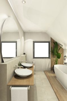 a bathroom with two sinks and a bathtub next to each other in front of large windows