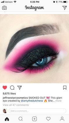 Pink And Black Smoky Eyeshadow, Black And Hot Pink Eyeshadow, Black Pink Smokey Eye, Pink And Black Make Up Looks, Hot Pink And Black Eyeshadow Looks, Goth Pink Eyeshadow, Pink Goth Eye Makeup, Black And Hot Pink Makeup, Pink Black Smokey Eye