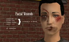 an animated image of a woman with facial wounds on her face and the words facial wounds above her head