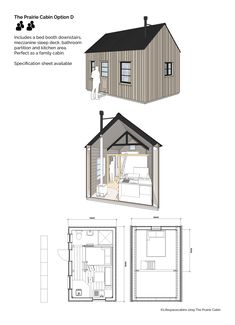 the floor plan for a small cabin with lofts and living areas, including an upstairs bedroom