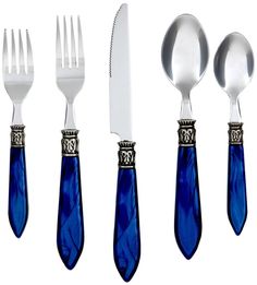 a set of five silver and blue utensils