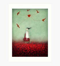 a painting with birds flying over a red field