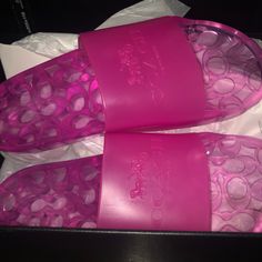 Pink Coach Jellies Size 10 (Authentic) Chic Pink Slip-on Slides, Chic Pink Flat Slides, Coach Pink Sandals For Beach, Coach Slide Sandals For Spring, Chic Pink Round Toe Slides, Chic Pink Synthetic Slides, Coach Pink Slip-on Sandals, Coach Pink Open Toe Sandals, Coach Summer Open Toe Slides