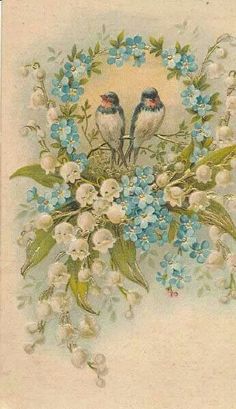 an old postcard with two birds sitting on top of blue flowers and green leaves