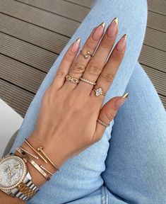 Gold Tip Nails, Almond Nails Designs, Almond Acrylic Nails, Hot Nails, Pretty Acrylic Nails