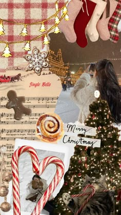 christmas collage with gingerbread cookies, candy canes and other holiday items in the foreground