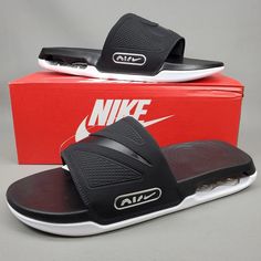 Size 13 New With Box. Nike Air Max Slides Cirro Sandals Black White Silver Nike Black Non-slip Sport Sandals, Nike Black Open Toe Slides, Nike Black Slide Sandals, Black Low-top Beach Sandals, Synthetic Sandals With Air Cushioning And Round Toe, Nike Black Synthetic Slides, Nike Black Sandals For Outdoor, Nike Black Sport Sandals For Streetwear, Black Low-top Non-slip Sandals