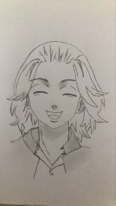 a drawing of a girl smiling with her eyes closed and hair blowing in the wind